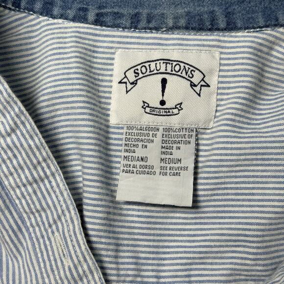 Solutions Original Christmas Embroidered Shirt Womens Medium Blue Stripe 90s - Picture 9 of 9
